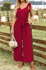 Solid V Neck Knot Shoulder Sleeveless Ruched Belt - Image 9