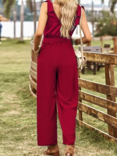 Solid V Neck Knot Shoulder Sleeveless Ruched Belt Solid V Neck Knot Shoulder Sleeveless Ruched Belt