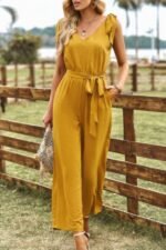 Solid V Neck Knot Shoulder Sleeveless Ruched Belt - Image 11