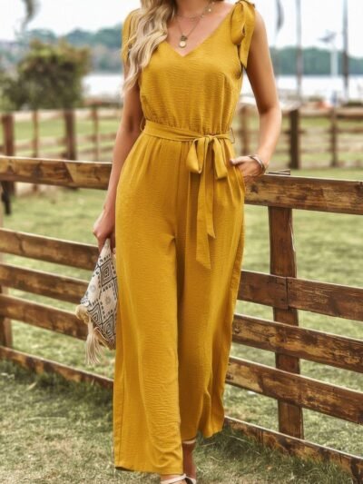 Solid V Neck Knot Shoulder Sleeveless Ruched Belt Solid V Neck Knot Shoulder Sleeveless Ruched Belt