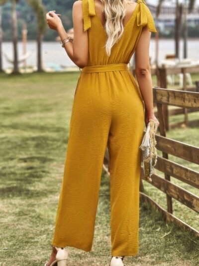 Solid V Neck Knot Shoulder Sleeveless Ruched Belt Solid V Neck Knot Shoulder Sleeveless Ruched Belt