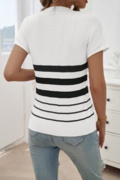 Round Neck Strip Knit Fit Short Sleeve Top