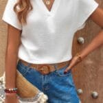 Bat Sleeve V Neck Loose Tank Ruched Solid Blouse