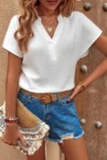 Bat Sleeve V Neck Loose Tank Ruched Solid Blouse