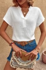 Bat Sleeve V Neck Loose Tank Ruched Solid Blouse