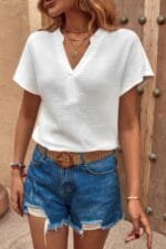 Bat Sleeve V Neck Loose Tank Ruched Solid Blouse