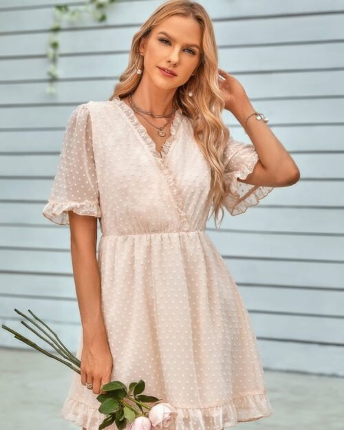 swiss dot frill trim puff sleeve surplice dress