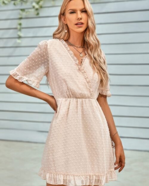 swiss dot frill trim puff sleeve surplice dress