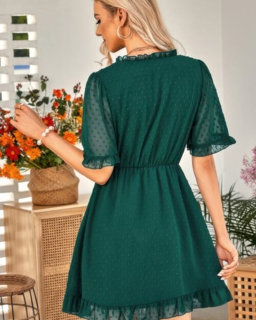 swiss dot frill trim puff sleeve surplice dress