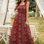 women’s boho maxi dress floral print ruffle
