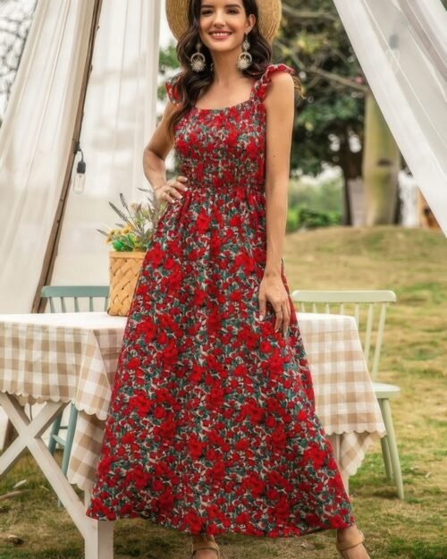 women’s boho maxi dress floral print ruffle