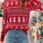Knit Christmas Print Round Neck Loose Fit Sweater