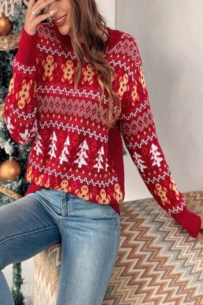 Knit Christmas Print Round Neck Loose Fit Sweater