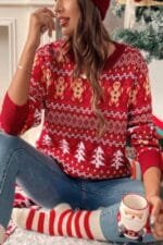 Knit Christmas Print Round Neck Loose Fit Sweater