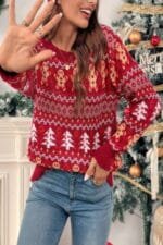 Knit Christmas Print Round Neck Loose Fit Sweater