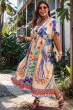 Plus Deep V Neck Allover Print High Waist Dress