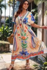 Plus Deep V Neck Allover Print High Waist Dress