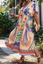 Plus Deep V Neck Allover Print High Waist Dress