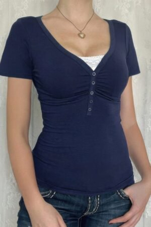 V Neck Solid Lace Splicing Button Fitted Shirt
