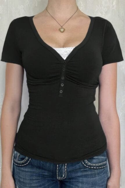V Neck Fitted Top with Lace – Elegant Women’s Shirt