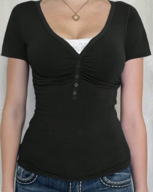 V Neck Fitted Top with Lace – Elegant Women’s Shirt