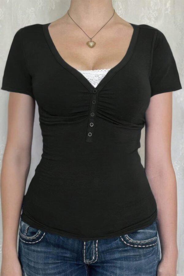 V Neck Fitted Top with Lace – Elegant Women’s Shirt