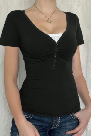 V Neck Solid Lace Splicing Button Fitted Shirt