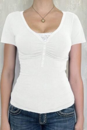 V Neck Solid Lace Splicing Button Fitted Shirt