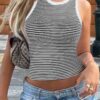 Striped Round Neck White Trim Crop Fitted Tank Top