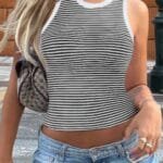 Striped Round Neck White Trim Crop Fitted Tank Top