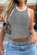 Striped Round Neck White Trim Crop Fitted Tank Top