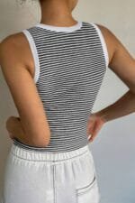 Striped Round Neck White Trim Crop Fitted Tank Top