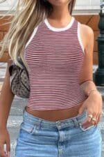 Striped Round Neck White Trim Crop Fitted Tank Top