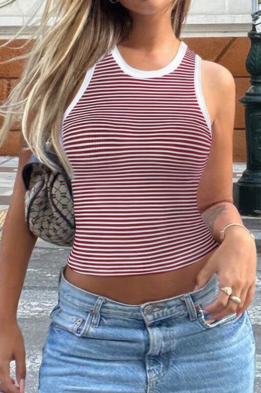 Striped Round Neck White Trim Crop Fitted Tank Top - Image 4