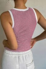 Striped Round Neck White Trim Crop Fitted Tank Top