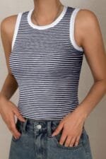 Striped Round Neck White Trim Crop Fitted Tank Top