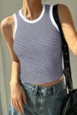 Striped Round Neck White Trim Crop Fitted Tank Top