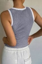 Striped Round Neck White Trim Crop Fitted Tank Top