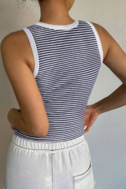 Striped Round Neck White Trim Crop Fitted Tank Top