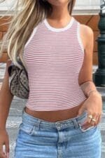 Striped Round Neck White Trim Crop Fitted Tank Top