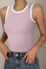 Striped Round Neck White Trim Crop Fitted Tank Top