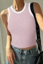 Striped Round Neck White Trim Crop Fitted Tank Top