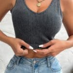 Solid V Neck Elastic Sleeveless High Waist Top