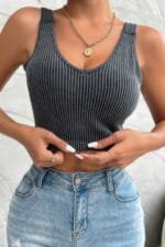 Solid V Neck Elastic Sleeveless High Waist Top