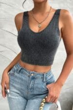 Solid V Neck Elastic Sleeveless High Waist Top