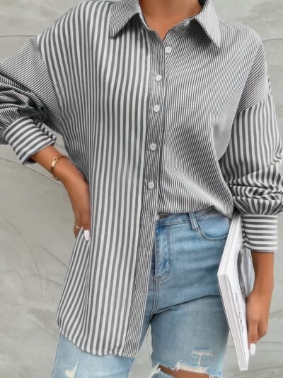 Stripe Print Button Down Long Sleeve Collar Shirt