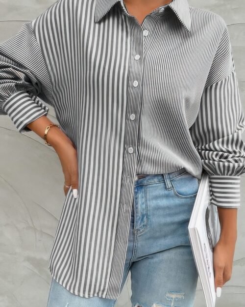 Stripe Print Button Down Long Sleeve Collar Shirt