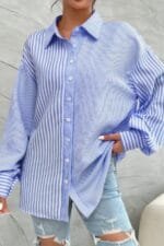 Stripe Print Button Down Long Sleeve Collar Shirt