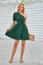 Dot Solid Puff Sleeve One Shoulder Midi Dress