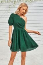 Dot Solid Puff Sleeve One Shoulder Midi Dress